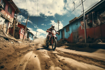 Rider on a dirt bike navigating a rough public road, highlighting the requirements for making dirt bikes street legal